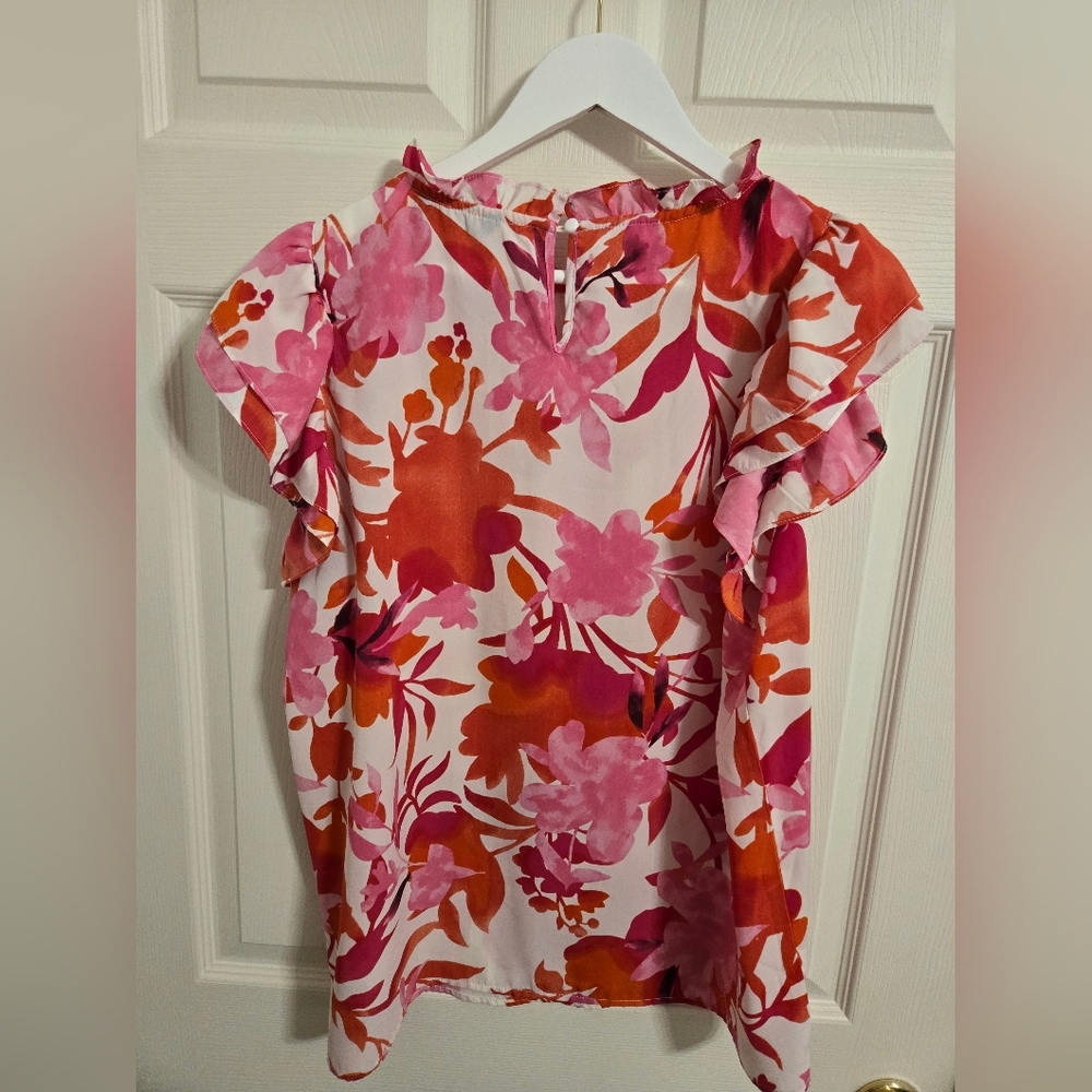 Pretty Garden Floral Ruffle Sleeve Top  Pink and Orange Size XL - Picture 2 of 8